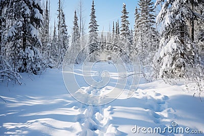 snow covered hiking trails with visible shoeprints Stock Photo