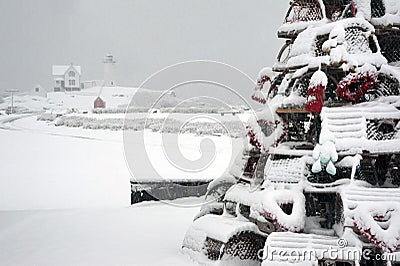 Snow Covered Holiday Lobster Trap Tree by Lighthouse Stock Photo