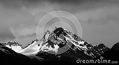 Snow covered mountain, black and white, Torres del Paine Stock Photo