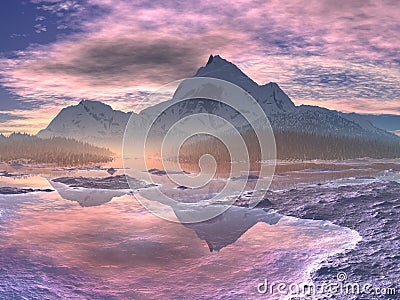 Snow-covered Mountain Valley Sunrise Stock Photo
