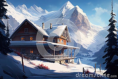 snow-covered mountains and winter chalet with bright windows Stock Photo
