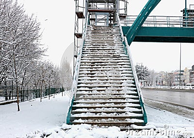 Snow-covered overpass stairs, winter, snown Stock Photo