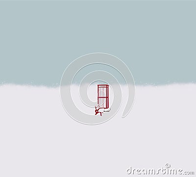 Snow covered red Telephone Booth and benches after a heavy snow fall in winter city park Vector Illustration