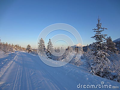 Snow covered road and Himingen in the Lifjell mountain plateau in winter Stock Photo