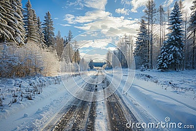 Snow-covered road through a serene winter forest Stock Photo