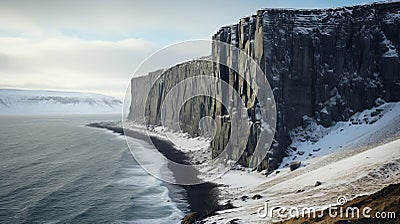 Snow-covered Rock Wall By The Ocean: Terragen Style, 32k Uhd Stock Photo