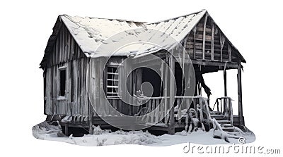 snow covered roof of a abandoned wood cabin. isolated transparent PNG. Swiss Chalet, Adirondack Cabin, Hunting Cabin Stock Photo