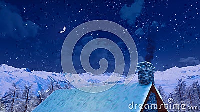 House roof with smoking chimney at winter night Cartoon Illustration