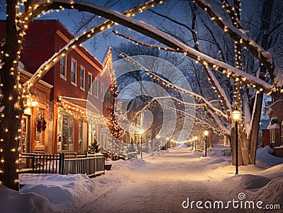 A snow-covered street in a small town is lined with Christmas decorated trees with colorful lights. Stock Photo