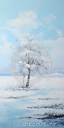 Winter Serenity: Minimalistic Landscape Painting With White Tree Stock Photo