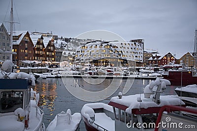 Tromso, Norway, harbour at dusk in winter Stock Photo