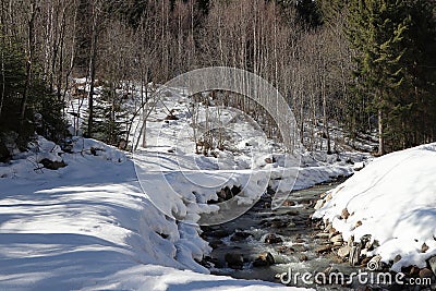 Snow covered trough of a stream. Stock Photo