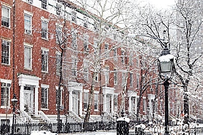 Snow covered winter street scene in Manhattan New York City NYC Stock Photo