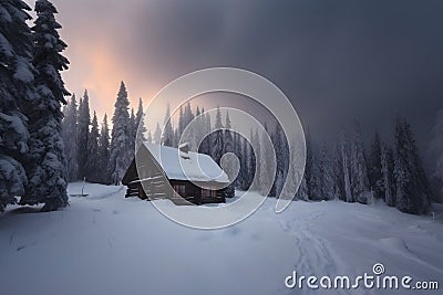 snow covered wooden house in mountains at winter sunrise, neural network generated image Stock Photo