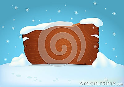 Snow covered wooden signboard on the snowy ground with falling snowflakes. Vector Illustration