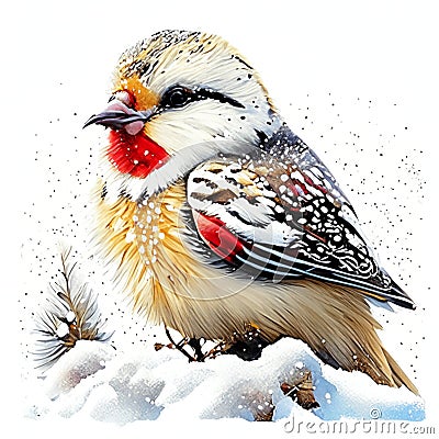 Snow-covered woodpecker isolated on white background. Watercolor illustration. AI Generated Cartoon Illustration