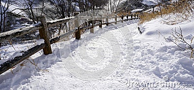 Snow and curved walkway in the forest Noboribetsu onsen Stock Photo