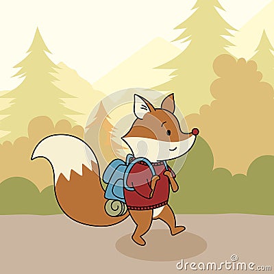Snow and Cute Fox traveller in the forest Vector Illustration