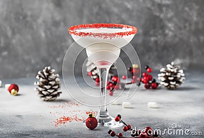 Snow daiquiri, Christmas or New Year alcoholic cocktail with rum and cream with red decor in festive setting, copy space Stock Photo