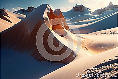 Snow in Desert, White Sand Dunes in Winter, Global Cooling, Climate Change, Ice Age, Generative AI Illustration Stock Photo