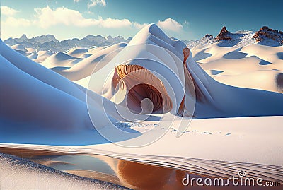 Snow in Desert, White Sand Dunes in Winter, Global Cooling, Climate Change, Ice Age, Generative AI Illustration Stock Photo