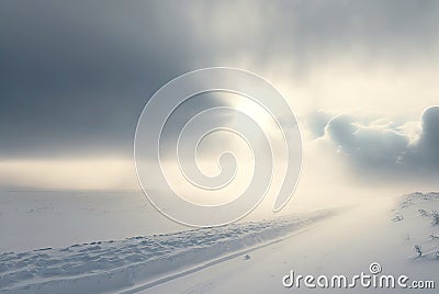 Snow dunes panorama during blizzard. White and empty frozen scenic imaginary landscape. Generative AI Stock Photo