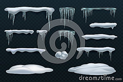Snow elements. Snowball and snowdrift, icicles and snowcap borders. Isolated winter vector set Vector Illustration