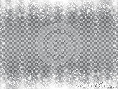 Snow falling frame. Bright magic Christmas design on transparent background. Glitter snowflakes, sparkling snowfall and Vector Illustration