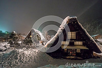 Snow falling on light Up Festival in winter at shirakawago Gifu Chubu Japan Stock Photo