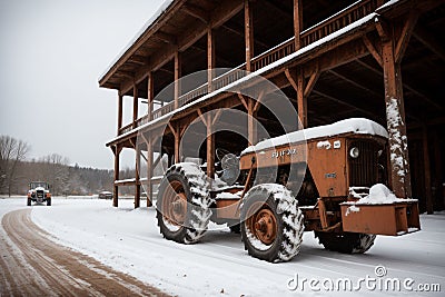 Snow falling on a rusty tractor Stock Photo