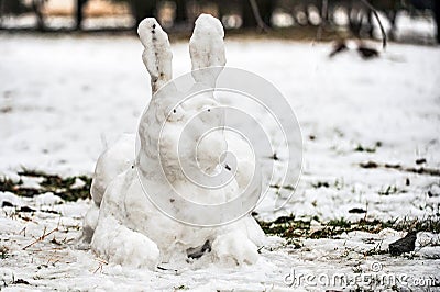 Snow figure of a hare. New Year`s hare from the snow Stock Photo