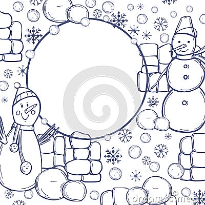 Snow fortress and snowmen.Vector frame Vector Illustration