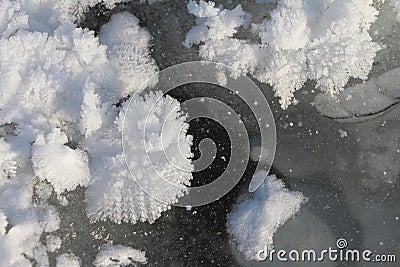 Snow freakish outgrowths on ice of the frozen river Stock Photo