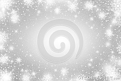 Snow frost Effect . Abstract bright white shimmer lights and snowflakes. Glowing blizzard. Scatter falling round particles. Vector Illustration