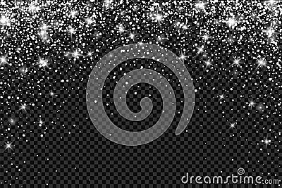 Snow frost Effect on Transparent Background . Abstract bright white shimmer lights and snowflakes. Glowing blizzard. Scatter falli Vector Illustration