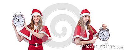 Snow girl with clock on white Stock Photo