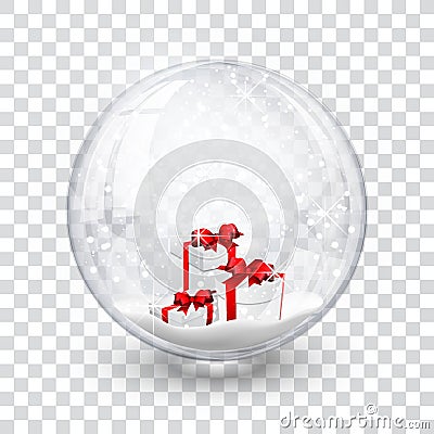 Snow globe ball with gift boxes realistic new year chrismas object isolated on transperent background with shadow, vector illustra Vector Illustration