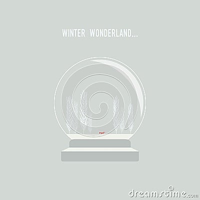 Snow globe with christmas winter landscape vector background. Fox walking in frozen wonderland. Vector Illustration