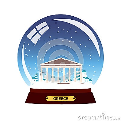Snow globe city. Greece, Acropolis in Snow Globe. Winter travel . Stock Photo