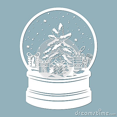 A snow globe, snow inside and a Christmas tree with New Year`s gifts. Laser cut. Vector illustration. Pattern for the laser cut, Vector Illustration