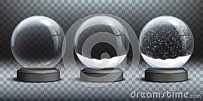 Snow globe templates. Empty glass snow globe and snow globes with snow on transparent background. Vector Christmas and Vector Illustration