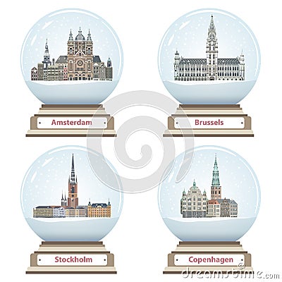 Vector snow globes with Amsterdam, Brussels, Stockholm and Copenhagen cities landmarks inside Vector Illustration