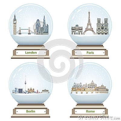 Vector snow globes with London, Paris, Berlin and Rome landmarks inside Vector Illustration