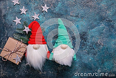 Snow gnomes or elves in a cap. Christmas toy. Blank for a Christmas or New Year card. Copy space Stock Photo