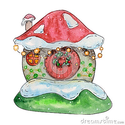 Snow house, watercolor illustration of a cute house Cartoon Illustration