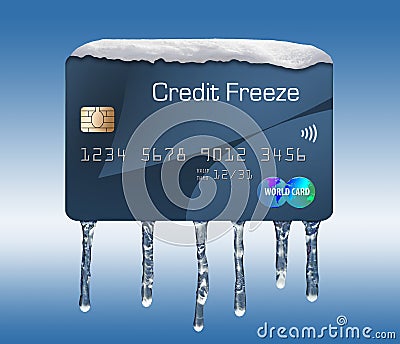 Snow and ice on a credit card illustrate the theme of putting a freeze on your credit report. Stock Photo