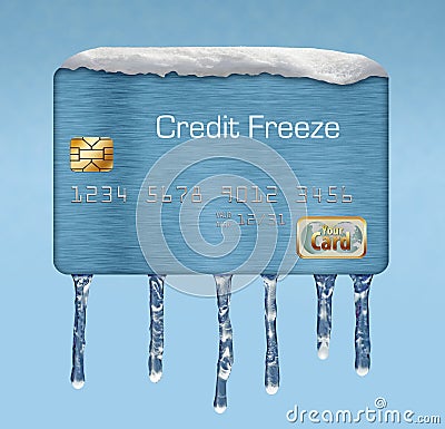 Snow and ice on a credit card illustrate the theme of putting a freeze on your credit report. Stock Photo