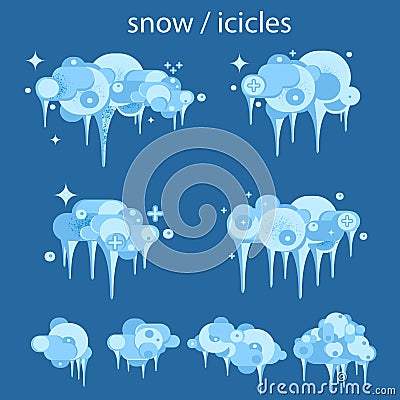 Snow ice icicle set Winter design. White blue snow template. Isolated snow caps set. Cartoon style. Christmas, New Year frozen ice Cartoon Illustration