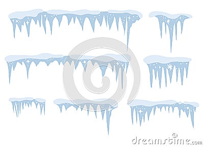 Snow and ice vector frames.Winter cartoon caps, snowdrifts and icicles.Background Snowcap borders.Snowy elements.Flat style decora Vector Illustration