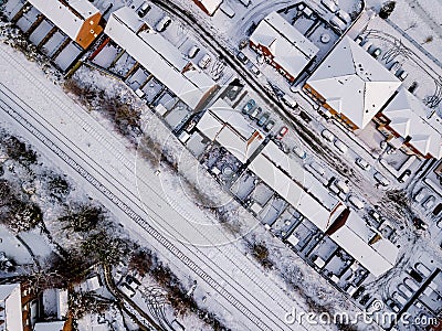 Aerial view of snow compromised rail and road networks. Stock Photo